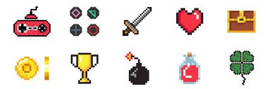 Pixel sanat oyunu ikonu seti ve altın sikke animasyonu. Vektör illüstrasyonu.