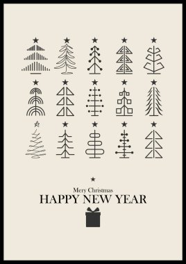 Noel ağacı simgeleri, vektör illüstrasyonu. Düz tasarım tarzı. Mutlu yeni yıl parti tasarımı.