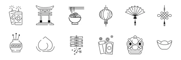 Conjunto Iconos Línea Año Nuevo Chino Incluido Los Iconos Como — Vector de stock