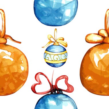 Suluboya el kusursuz desenli Noel sembolü kutsal yapraklar, konili Noel ağacı oyuncakları, yıldızlar ve toplar. Mutlu yıllar..