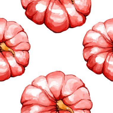 Suluboya balkabağı, sonbahar ya da Cadılar Bayramı desenli suluboya ambalaj kağıdı, vektör deseni, Şükran Günü, kırmızı arkaplan ya da duvar kağıdı ile kusursuz bir desen oluştur.