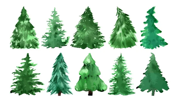Aquarell Weihnachtsbäume Handgezeichnet Vektor Illustration Set Von Silhouetten Grüne Farbe — Stockvektor
