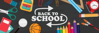 Blackboard okul öğeleri ve öğeleri ile renkli tebeşirle çizerek metin okula tekrar hoş geldiniz. Vektör çizim afiş.
