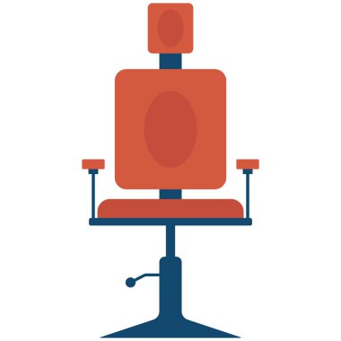 Beyaz arka planda kırmızı, turuncu ve sarı berber sandalyesi. Berber ve kuaför ikonu.