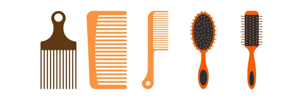 Fashion equipment collection of combs hairbrush for hair, set icon of different types of combs, vector barber shop, Hairdresser style accessories, hairdryer.