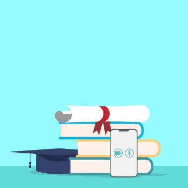 2021 mezuniyeti. İnternette çalışıyorum. Çevrimiçi öğrenme. Başarılı öğrenim kavramı, online ders, modern eğitim. Düz tasarımda vektör illüstrasyonu.