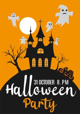 Cadılar Bayramı partisi davetiyesi içinde korkunç balkabakları ve hayaletler, kale ya da ay olsun. Mutlu Cadılar Bayramı. Okul için korkunç siyah ve sarı arkaplanı olan bir poster ya da web afişi. Vektör illüstrasyonu.