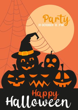 Turuncu arka planda balkabakları olan mezarlık silueti ile Cadılar Bayramı tasarımınız kutlu olsun. Cadılar Bayramı parti vektör illüstrasyonu. Cadı şapkalı Ay ve Örümcek Ağı.