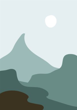 Minimalist vektör. Tarafsız renkler soyut sanat, gökkuşağı, güneş, asgari manzara, isimler, çöl vektör illüstrasyon ormanı ve dağ.