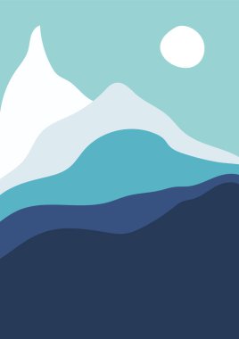 Minimalist vektör. Tarafsız renkler soyut sanat, gökkuşağı, güneş, asgari manzara, isimler, çöl vektör illüstrasyon ormanı ve dağ.