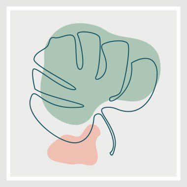 Beyaz arka plan minimalist tasarım palmiyesine çizilmiş tropikal yaprak elli egzotik canavarlar. Canavar yaprağı minimum çizgi tarzı. Soyut Vektör illüstrasyon dekoru çizmek.