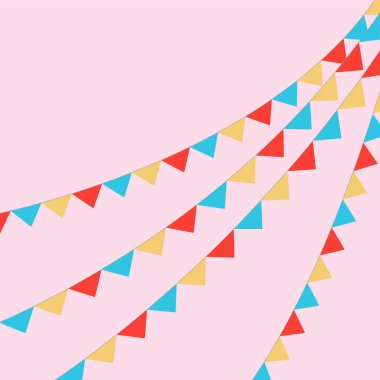 Parti ve doğum günü tasarımı için bayraklar vektörü, pembe arkaplan.