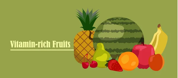 Set Banner Vettoriale Frutta Bacche Alimentazione Vegetariana Fragole Banana Melograno — Vettoriale Stock