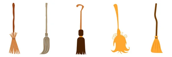 stock vector Set of the brooms. Halloween accessory object. Broom cartoon vector illustration.