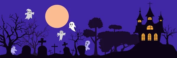 Graveyard High Spooky Castle Top Cemetery Skulls Moon Pumpkins Lights — Stock Vector