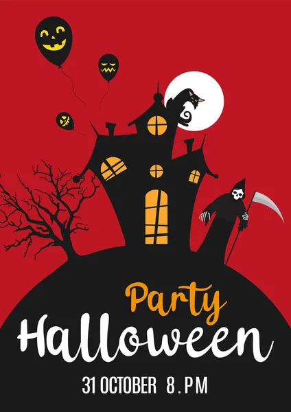 Halloween Party Invitation Scary Grim Reaper Balloon Moon Cat Castle — Stock Vector