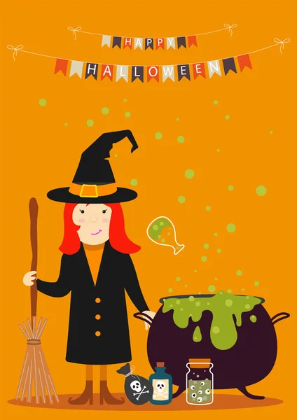 Wiedźma Wektor Halloween Miotłą Ilustracją Kotła Wesołych Halloween Party Flagi — Wektor stockowy