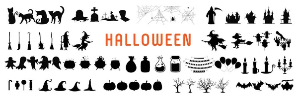 Sada Siluet Nebo Ikon Halloweenu Bílém Pozadí Černé Vektorová Ilustrace — Stockový vektor