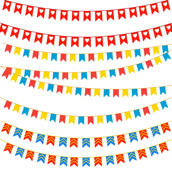 Bandeiras Festa Conjunto Vetorial Bunting Colorido Guirlandas Celebração Aniversário Feriado —  Vetores de Stock