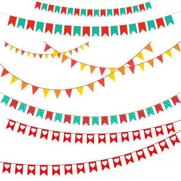 Bandeiras Festa Conjunto Vetorial Bunting Colorido Guirlandas Celebração Aniversário Feriado — Vetor de Stock
