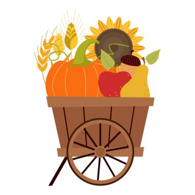 Beyaza izole edilmiş sebze ve otlarla dolu bir sepet. Vektör çizimi. Şükran Günü meyvesi ve sebze.