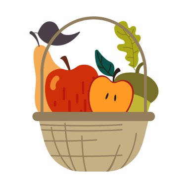 Beyaza izole edilmiş sebze ve otlarla dolu bir sepet. Vektör çizimi. Şükran Günü meyvesi ve sebze.