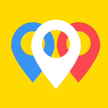 Harita pin düz tasarım tarzı modern simge, işaretleyici minimum vektör sembolü, işaret işareti. Kırmızı, beyaz ve mavi.