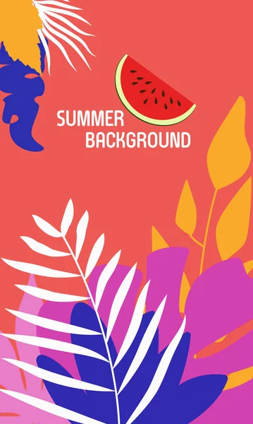 バナーやウェブバナー グリーティングカード ポスターや広告のベクトルデザイン夏の背景 葉や植物と明るいバナー 休日や休暇 スイカ — ストックベクタ