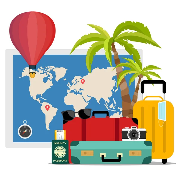 Διαφήμιση Ταξιδιωτική Βαλίτσα Καλοκαιρινές Διακοπές Ασφαλές Ταξίδι Και Ασυλία Διαβατήριο — Διανυσματικό Αρχείο