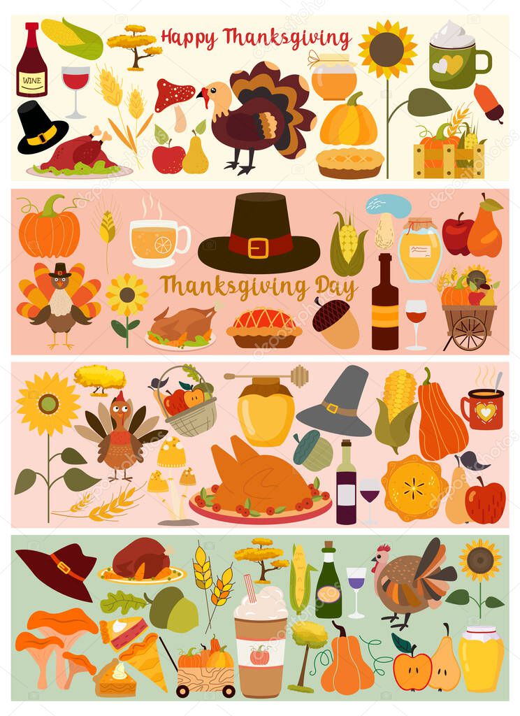 Big set of Thanksgiving day or autumn leaves, mushrooms, berries for harvest festival Vector illustration for your design. Happy Thanksgiving.