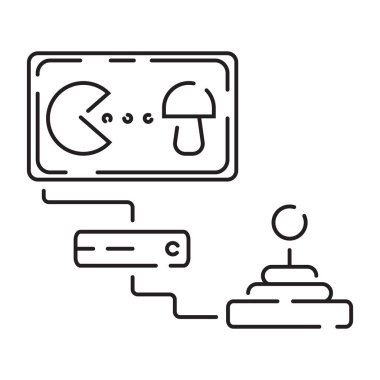 Video oyunu pikseli mükemmel çizgi simgesi, vektör çizgisi bilgisayarı ve denetleyici veya konsol. Taşınabilir oyun aygıtı.