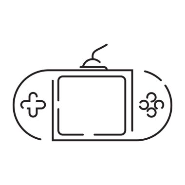 Video oyunu pikseli mükemmel çizgi simgesi, vektör çizgisi bilgisayarı ve denetleyici veya konsol. Taşınabilir oyun aygıtı.