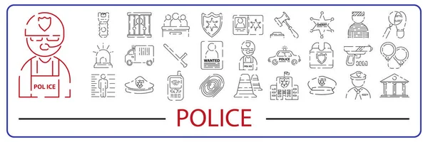 Bâtiment Police Voiture Tribunal Application Loi Mince Icônes Art Ensemble — Image vectorielle