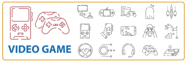 Videospiele Line Icon Set Spielgenres Und Attribute Computer Und Controller — Stockvektor