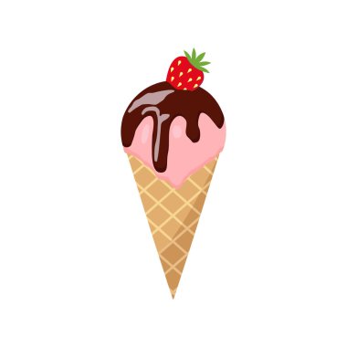 Renkli, lezzetli, izole edilmiş dondurma. Vektör. Yaz mevsimi taze ve plaj yemekleri ya da serinlemek. Sütlü çikolata ve vanilyalı meyve ya da şeker. Çilek.
