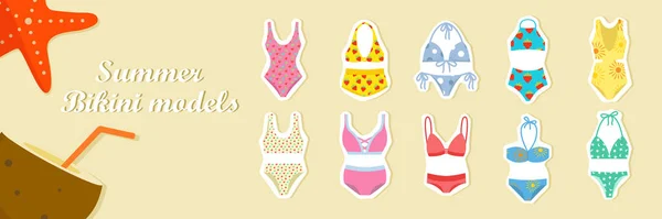 Swimming Suits Types Flat Vector Illustration Bikini Set Printed Bikini — Stock Vector