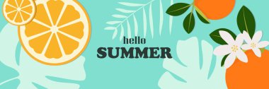 Yaz sezonu indirimli afişi, olgunlaşmış tropikal portakal meyveleri, bitkilerle parlak tasarım. Metin ile vektör illüstrasyonu.