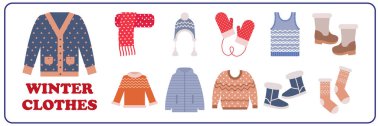 Kış sezonu kıyafetleri - vektör illüstrasyon eşarp, şapka, ceket veya süveter.