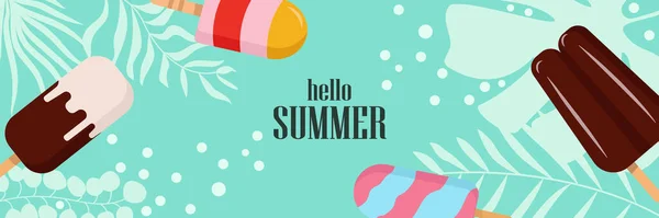 Sommerurlaub Eis Hintergrund Mit Pflanzlichen Illustrationen Plakat Mit Tropischen Pflanzen — Stockvektor