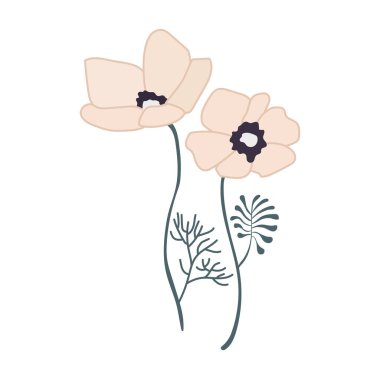 Bahar çiçekleri. Yaz ve bahar çiçekleri ormanı ve bahçe çiçekleri beyaz arka planda izole edilmiş. Çiçek ve Doğa ilkbahar çiçeği. Vektör illüstrasyon düzlüğü.