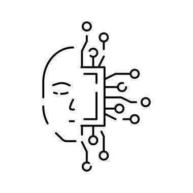 Derin öğrenme Yapay Zeka doğrusal simgesi. Çarklı sinirsel ağ. İnce çizgili çizim. Dijital beyin. Yapay zeka sembolü. Vektör izole edildi. Siber, insansı ve sohbet.