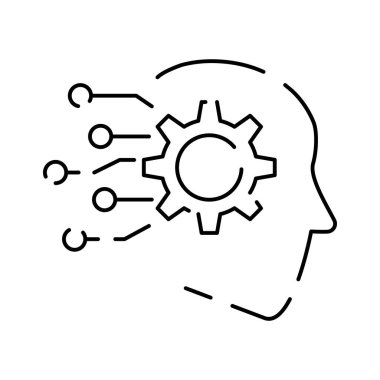 Yapay Zeka İlgili Vektör Hattı Simgesi. Yüz Tanıma, Algoritma, Kendini Öğrenme gibi simgeler içeriyor. Derin öğrenme, dijital beyin. Siber, insansı ve sohbet.