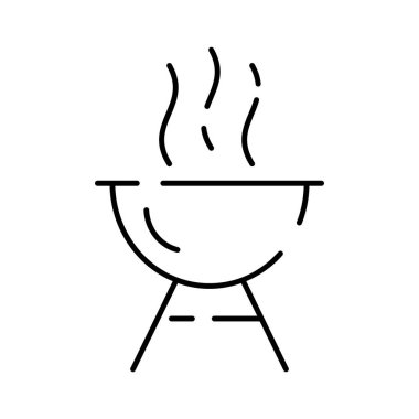 Kamp, seyahat ve piknik ikonu. Web ve ui tasarımı için satır biçimi simgeleri. Çadır, pusula, dağ ve diğer kamp malzemeleri gibi şeyler içerir. Barbekü.