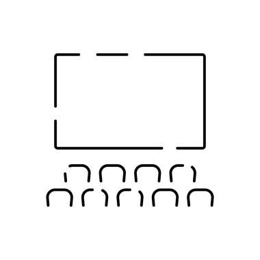 Sinema İlgili Vektör 'ün basit çizgi simgesi. Film Tiyatrosu, TV, Patlamış Mısır, Video Klip ve daha fazlası gibi ikonlar içerir. Eğlence ve film. Sinema, sinema ve koltuklar..