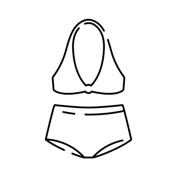 水着女性の服コレクションバッジベクトル グラマービーチスーツ 女性用ビキニ 水泳用下着 女性用ビーチウェアのコンセプトラインアイコン 輪郭線のイラスト — ストックベクタ