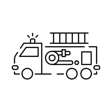 İtfaiyeci ve itfaiye hattı ikonu. Yangın, itfaiyeci, yanık, acil durum, yangın musluğu, alarm ve daha fazlası gibi ikonlar da dahil. İtfaiye aracı.