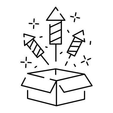 Havai fişek çizgisi simgesi, taslak vektör işareti, beyaz üzerine izole edilmiş doğrusal piktogram. Logo illüstrasyonu. Yeni yıl, Noel ve kutlama karnavalları. Mutlu yıllar..