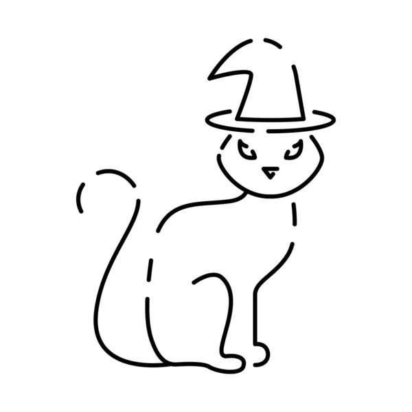 ハロウィーンの猫のラインアイコン 印刷カード 招待状 バナーのための魔女の帽子とレタリングステッカー付きブラック猫 ハッピーハロウィン トリックや治療と怖い — ストックベクタ