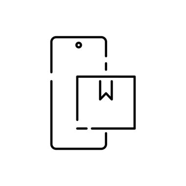 İnce çizgi simgeleri, lojistik ve ulaşım seti. Taslak sembol koleksiyonu. Düzenlenebilir vektör vuruşu. Kargo kutusu ve nakliye. Smartphone çevrimiçi sırası.