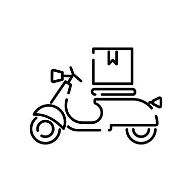 Modern teslimat. Satır simgesi lojistik ağı. Küresel sanayi taşımacılığı. Kargo kargo kutusu. Motorlu kurye.